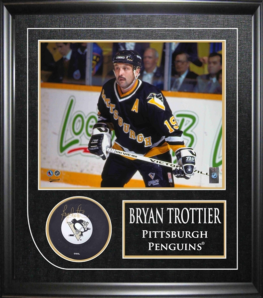 Bryan Trottier - Signed & Framed Pittsburgh Penguins Puck - Featuring 8x10" Action Photo