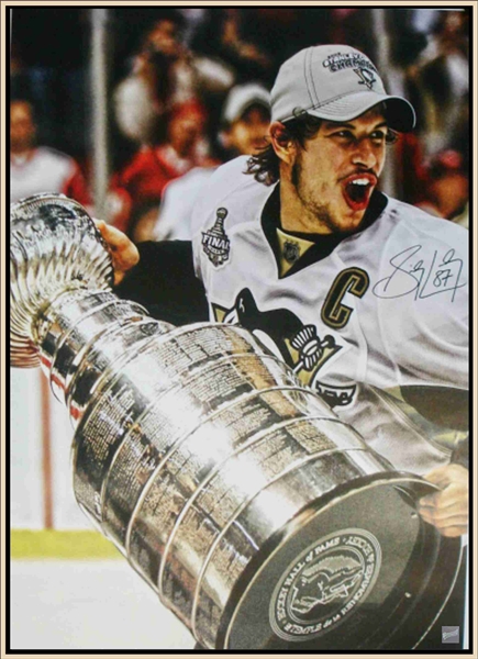 Sidney Crosby - Signed & Framed 24x35" Pittsburgh Penguins Carrying Cup Canvas