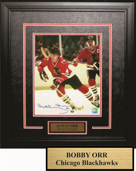 Bobby Orr - Signed & Framed 8x10" Etched Mat Chicago Blackhawks With Mikita