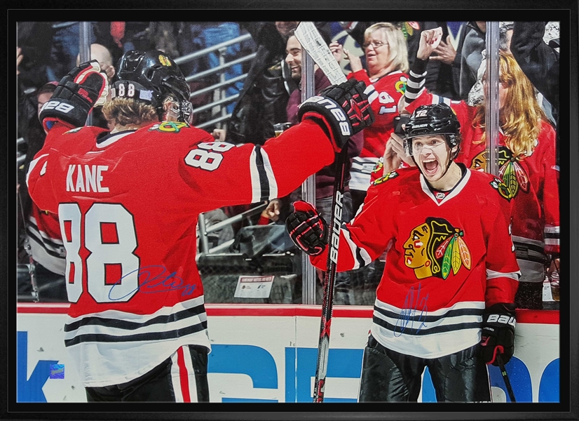 Patrick Kane & Panarin,A Dual-Signed 20x29 Canvas Framed Blackhawks Celebration