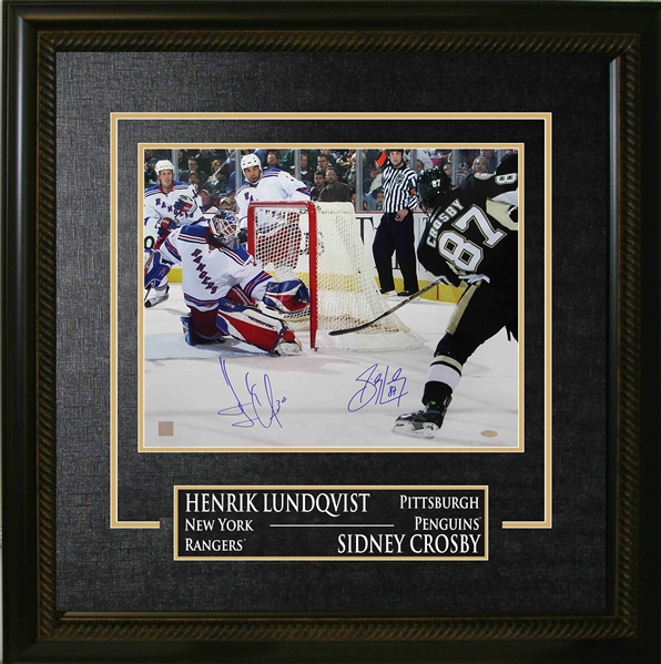 Sidney Crosby & Henrik Lundqvist - Dual-Signed & Framed 16x20" Etched Mat - New York Rangers & Pittsburgh Penguins Action