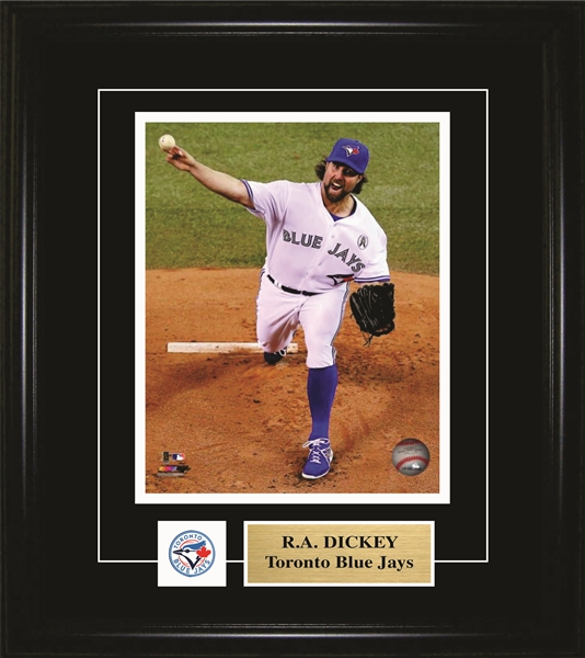 RA Dickey - Framed 8x10" Pin & Plate Toronto Blue Jays Action