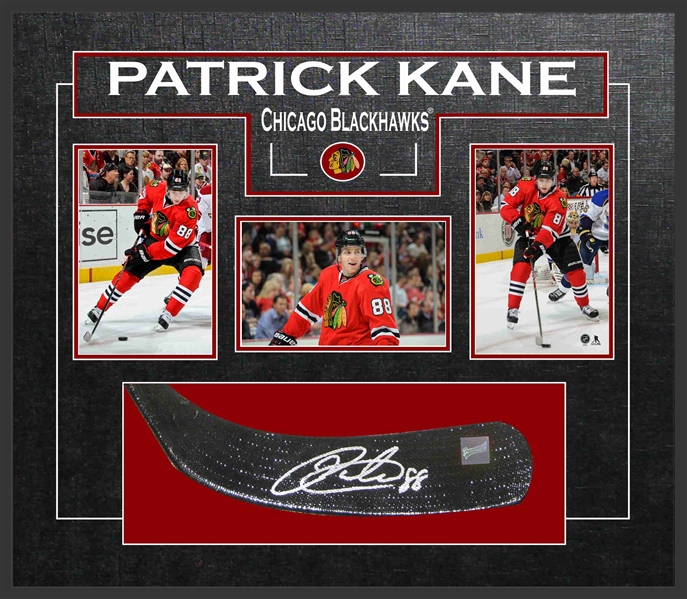 Patrick Kane - Signed & Framed Stickblade Chicago Blackhawks w3-4x6 Photos