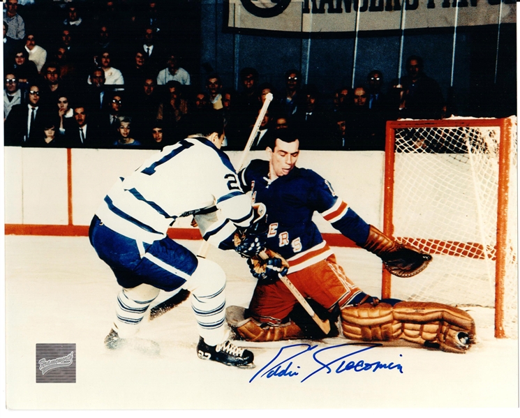 Eddie Giacomin - Signed 8x10 Unframed Rangers Blue-H Pad save vs Mahovlich 