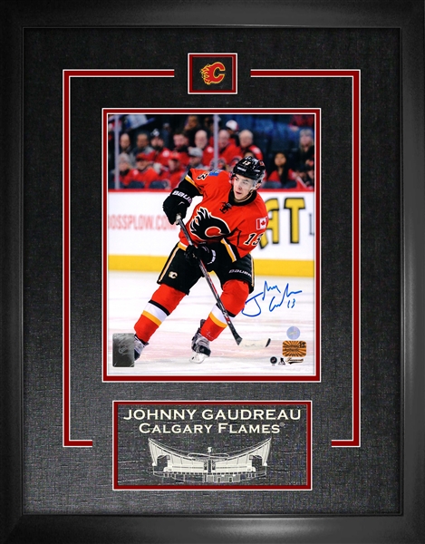 Johnny Gaudreau - Signed & Framed 8x10 Etched Mat Flames Red Action-V