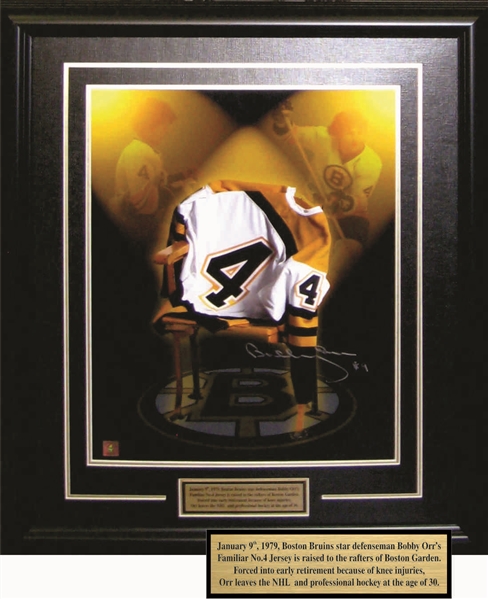 Bobby Orr - Signed & Framed 16x20 Etched Mat Jersey on Chair Tribute