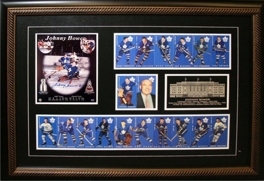 Johnny Bower - Signed & Framed 8x10" Toronto Maple Leafs With Tallboy Cards