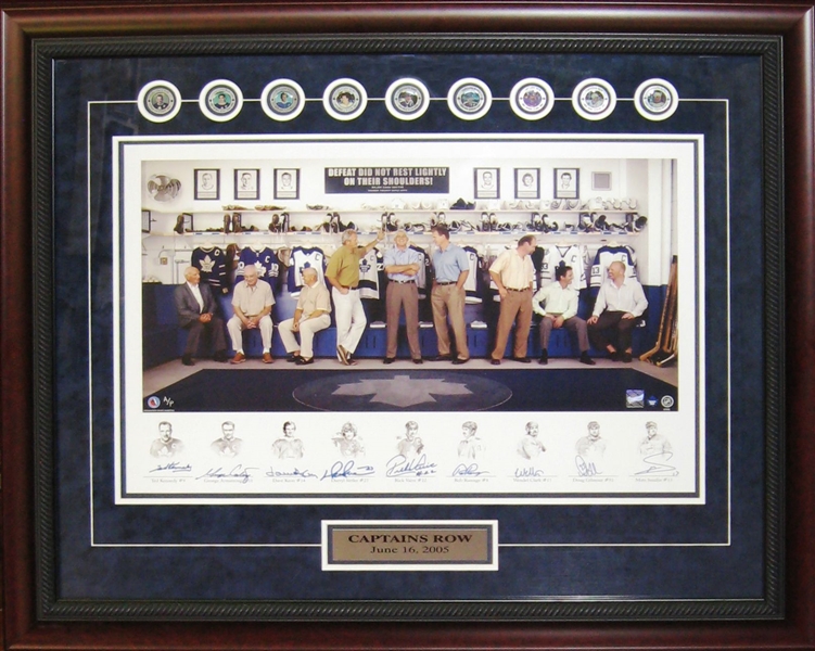 Legendary Leafs Captains - Multi Signed & Framed Print with Medallions - Ted Kennedy, George Armstrong, David Keon, Darryl Sittler, Rick Vaive, Rob Ramage, Wendel Clark, Doug Gilmour & Mats Sundin 