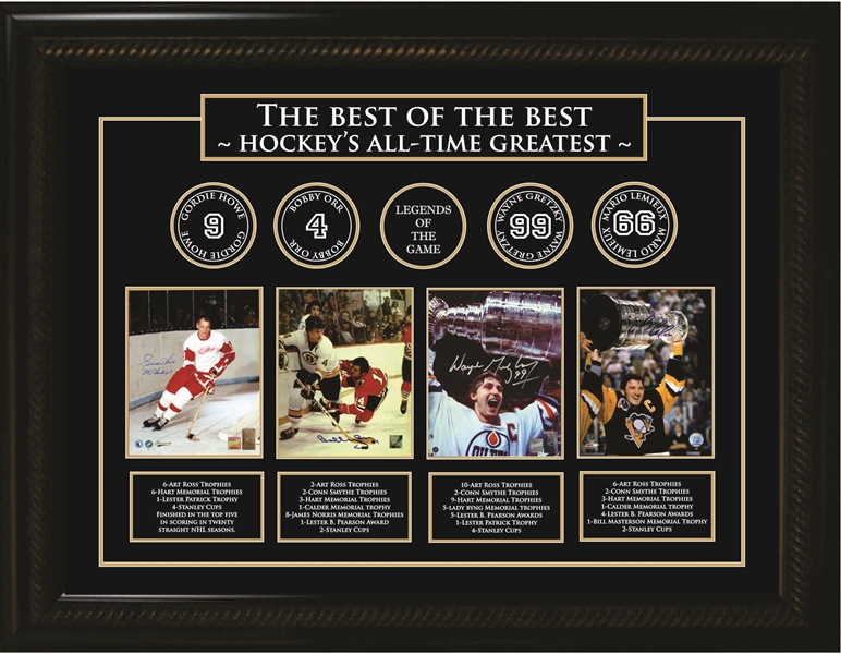 Best of the Best - Multi Signed Deluxe Frame Autographed by Gordie Howe, Bobby Orr, Wayne Gretzky, & Mario Lemieux