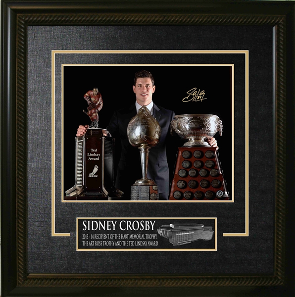 Sidney Crosby - Signed & Framed 16x20 Etched Mat Penguins 2013-14 Trophies-H