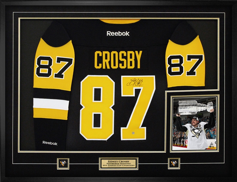 Sidney Crosby - Signed & Framed Pittsburgh Penguins Gold & Black 3rd Jersey w Stanley Cup 8x10