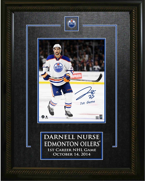 Darnell Nurse - Signed & Framed 8x10 Etched Mat Oilers White-V Inscribed 1st NHL Game