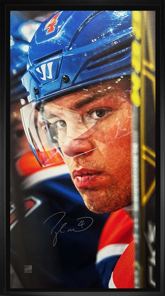 Taylor Hall - Signed & Framed 14x28 Canvas Oilers On Bench Close-Up-V