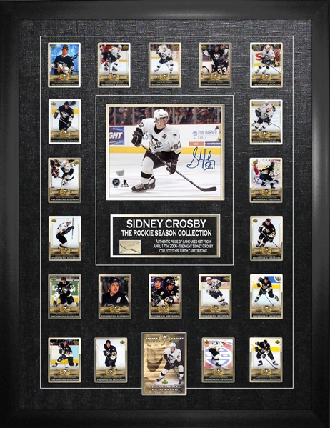 Sidney Crosby - Signed & Framed 8x10" Penguins w/ Rookie Season Card Set And Piece of Net