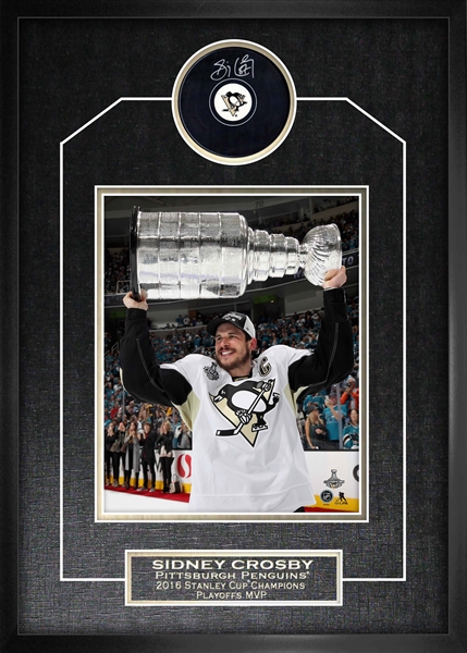 Sidney Crosby Signed Puck Penguins Framed w 2016 Cup 8x10