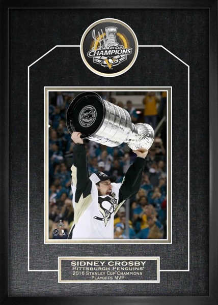 Sidney Crosby - Signed & Framed Puck 2016 Stanley Cup Penguins Featuring 8x10" Cup Photo