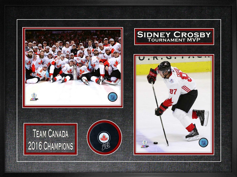 Sidney Crosby Signed Puck 2016 World Cup of Hockey Framed with 2 Photos