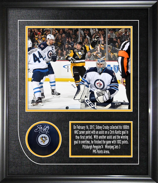 Sidney Crosby - Signed & Framed Puck Pittsburgh Penguins Featuring 8x10" 1000th Point