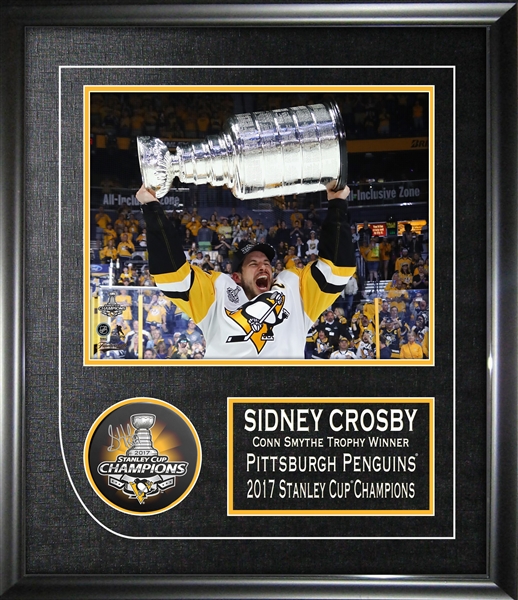 Sidney Crosby - Signed & Framed Puck 2017 Stanley Cup Penguins Featuring  8x10"
