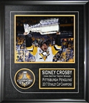 Sidney Crosby Signed Puck 2017 Stanley Cup Penguins Framed w 8x10