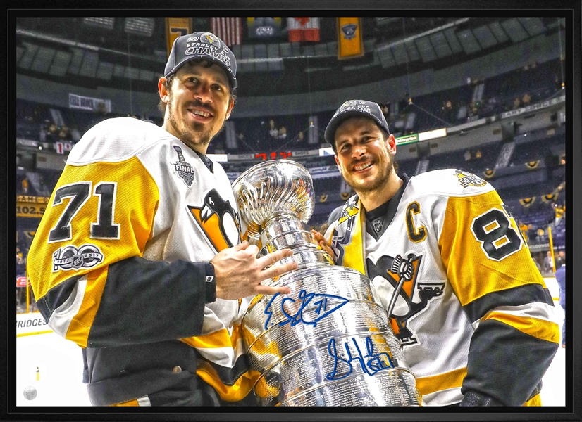 Sidney Crosby & Evgeni Malkin - Dual-Signed & Framed 20x29" Canvas 2017 Holding Cup-H