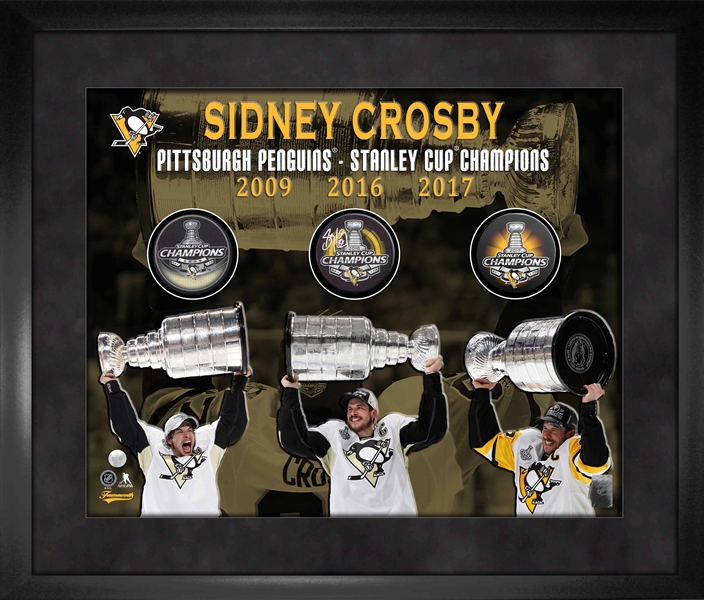 Sidney Crosby Signed Triple Puck Frame 3-Time Stanley Cup Champion