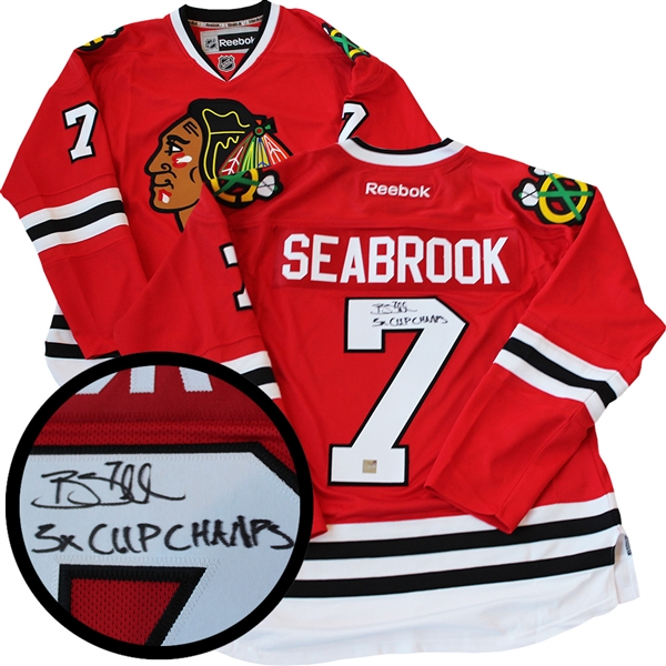 Brent Seabrook Signed Jersey Blackhawks Replica Red Reebok Insc "3xCup Champ"
