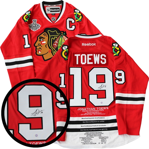Jonathan Toews Signed Milestone Jersey Chicago Blackhawks Replica Red Reebok 2015 Cup LE 119