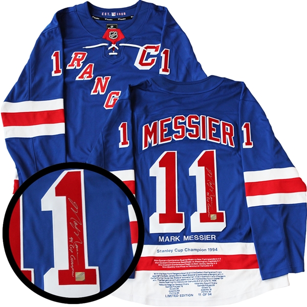 Mark Messier Signed Milestone Jersey New York Rangers Inscr Rep Blue 17-18 94 Cup L/E 94