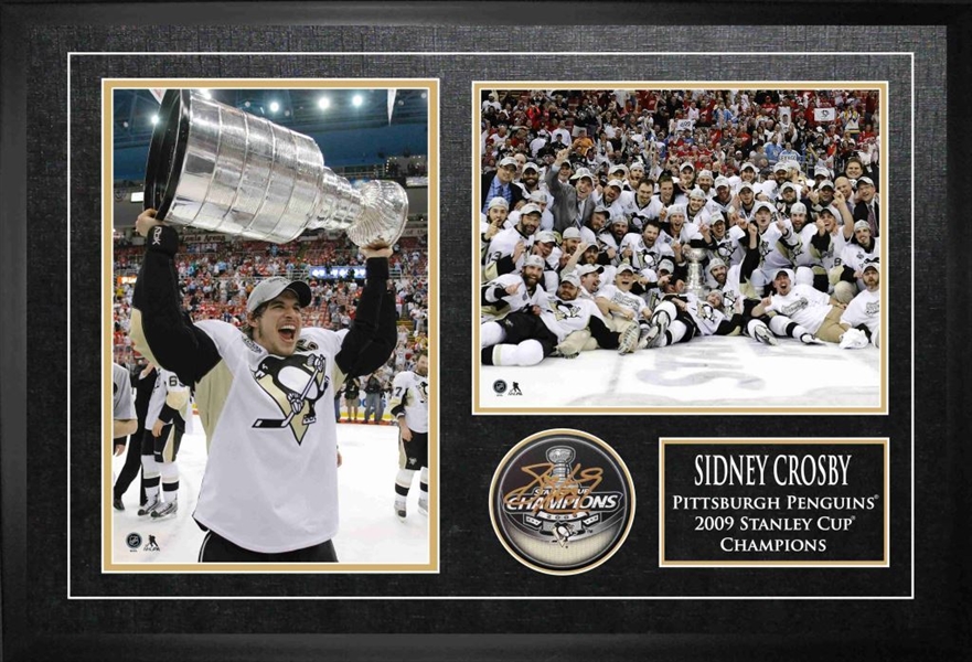 Sidney Crosby Signed Puck 2009 Stanley Cup Penguins Framed with 2 Photos