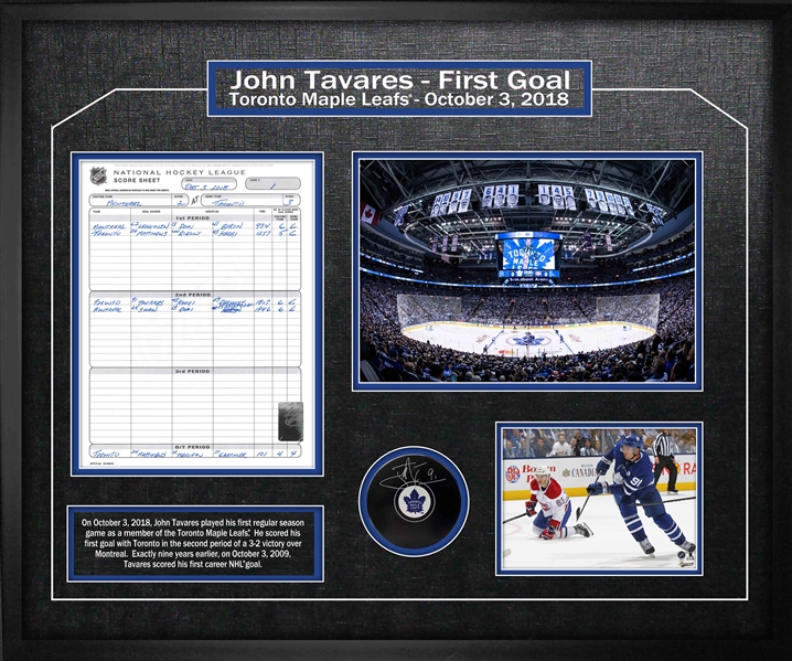 John Tavares Signed Puck with Scoresheet Maple Leafs First Game Collage