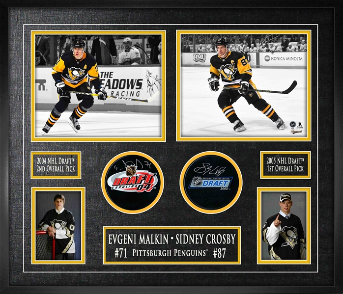 Sidney Crosby / Evgeni Malkin Signed Pucks Framed NHL Draft Collage Penguins