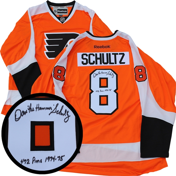 Dave Schultz Signed Jersey Flyers Replica Orange 2016-2017 Insc "472 PIMS 1974-75"
