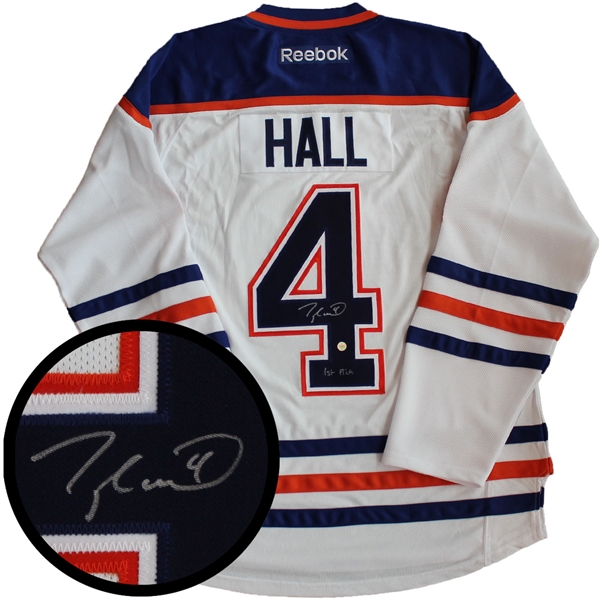 Taylor Hall Signed Jersey Oilers Replica White Reebok Insc "1st Pick"