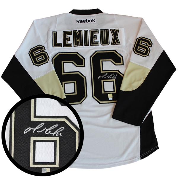 Mario Lemieux Signed Jersey Penguins Replica White and Vegas Gold Reebok