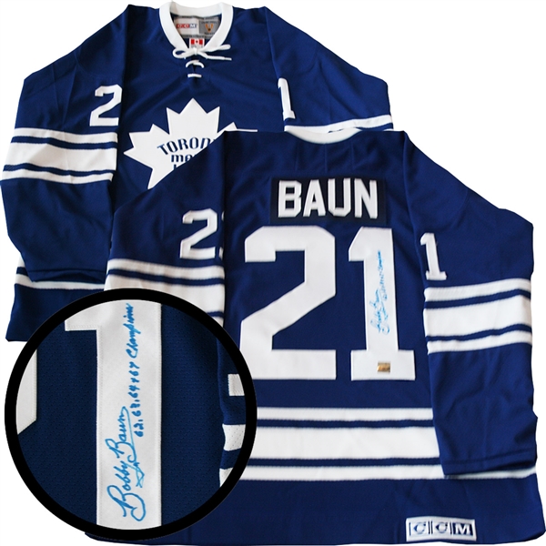Bobby Baun Signed Jersey Leafs Replica Blue 1967 Vintage CCM Insc "62,63,64,67 Champ"