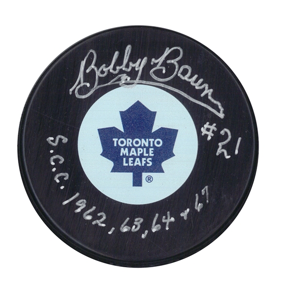 Bobby Baun Signed Puck Maple Leafs Insc "S.C.C 62,63,64,67"
