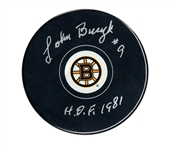 Johnny Bucyk Signed Puck Bruins Insc "H.O.F. 1981"