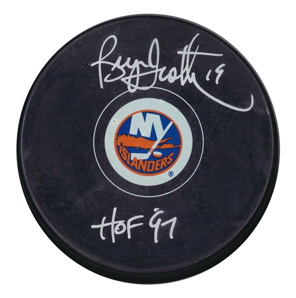 Bryan Trottier Signed Puck Islanders Logo Insc "HOF97"
