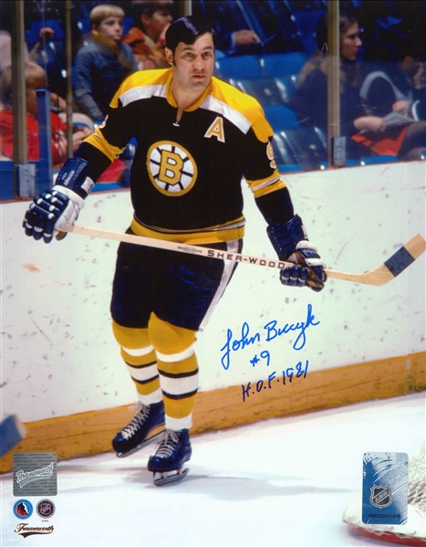 Johnny Bucyk Signed 8x10 Unframed Bruins Black Action Insc "HOF 1981"