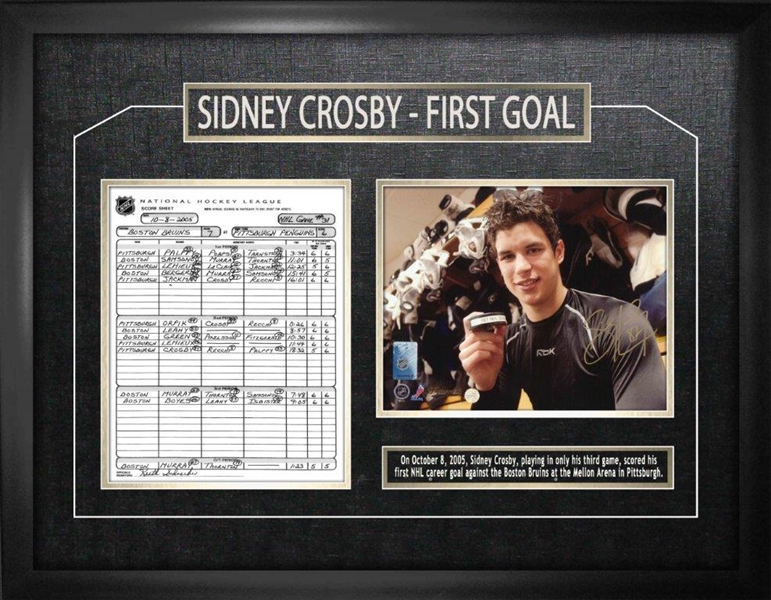 Sidney Crosby Signed 8x10 Etched Mat Penguins First Goal with Scoresheet