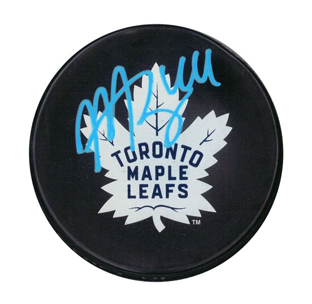 Morgan Riely Signed Puck Maple Leafs Large Logo