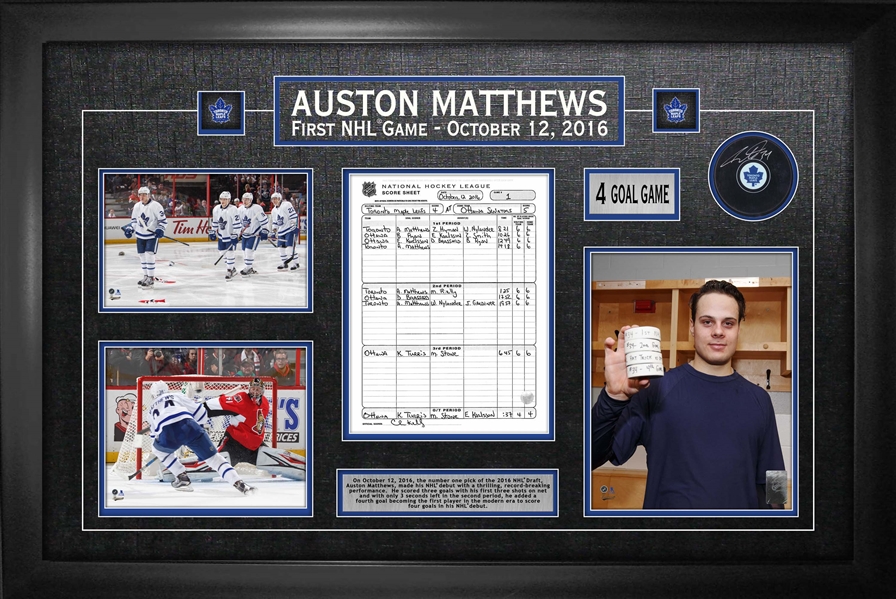 Auston Matthews Signed Puck W/ Scoresheet Leafs First Game Collage - Fanatics