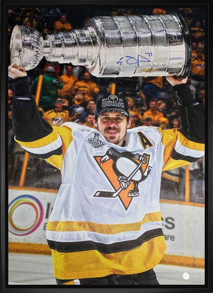 Evgeni Malkin Signed 20x29" Canvas Framed Pittsburgh Penguins Raising 2017 Cup-V