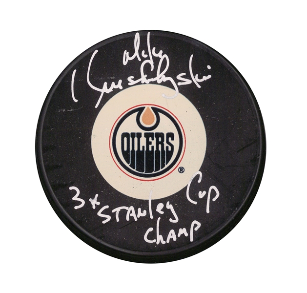 Mike Krushelnyski Signed Puck Edmonton  Oilers Inscribed "3 Stanley Cups"