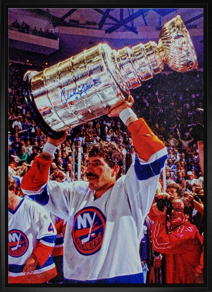 Clark Gillies Signed 20x29" Canvas Framed Islanders White-V Raising Cup