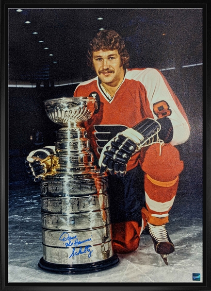 Dave Schultz Signed 20x29" Canvas Framed Philadelphia Flyers Orange - Posing with Stanley Cup
