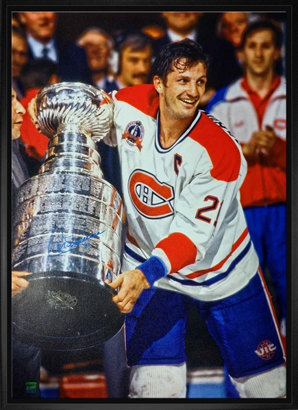 Guy Carbonneau Signed 20x29" Canvas Framed Canadiens White-V Carrying Cup
