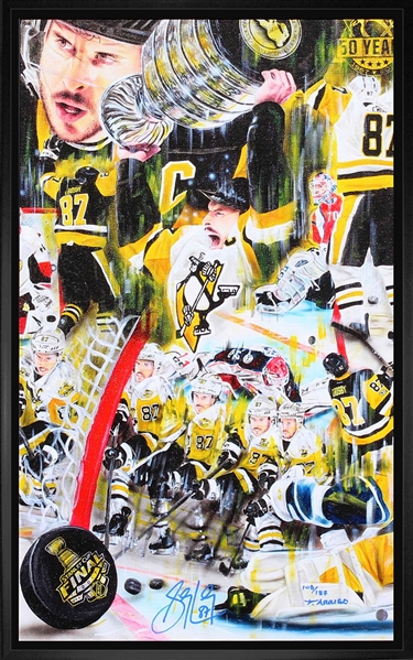 Sidney Crosby Signed 16x26 Canvas Framed 2017 Cup Collage by David Arrigo LE187