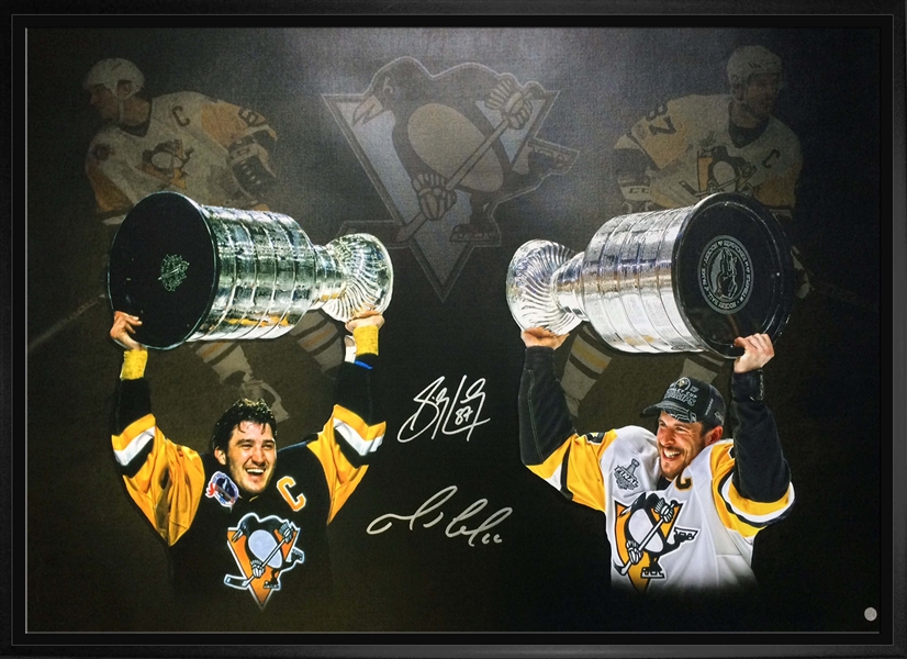 Sidney Crosby & Mario Lemieux Dual-Signed 24x35" Stanley Cup Art Canvas with Frame